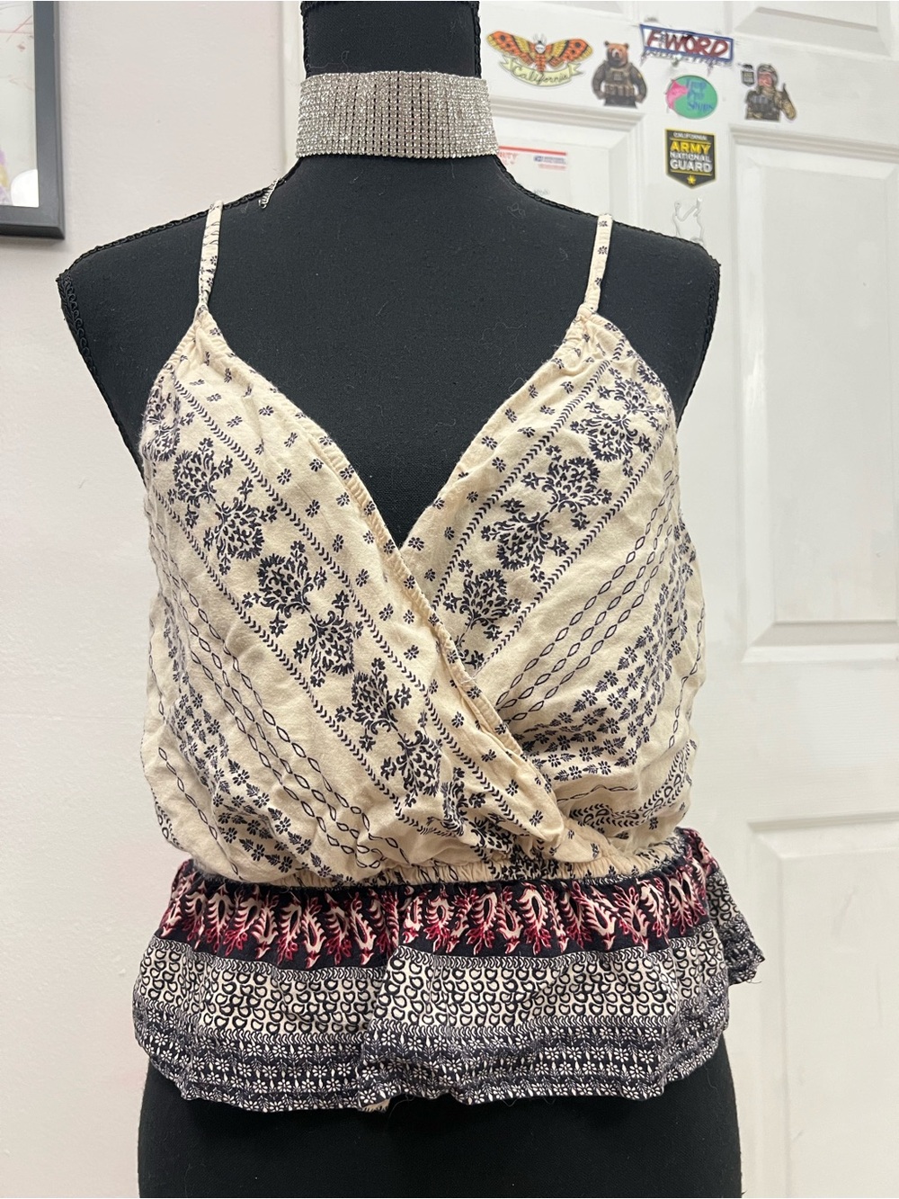 Angie Cream Printed Wrap Camisole with Black & Pink Trim